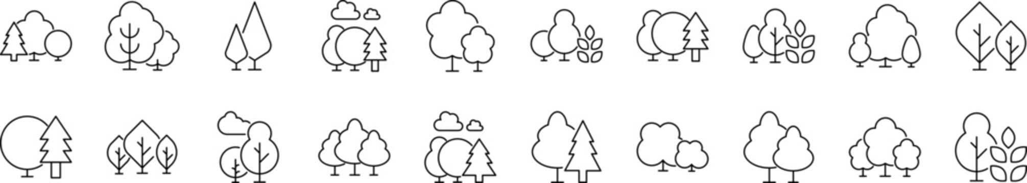 Trees, Forest, Wood Thin Icons Collection. Editable Stroke. Perfect for Web Sites, Books, Cards, Apps