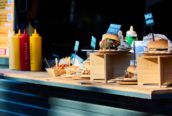 Close-up of delicious burgers during a hamburger food truck festival.