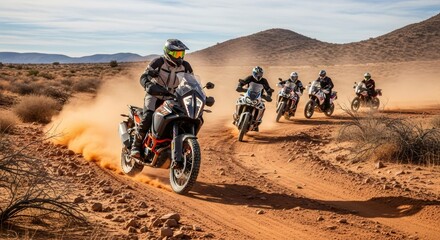 Man riding adventure motorcycle on a dusty desert road. Group of people on an off road tour in a rural arid landscape. Adventure travel.
