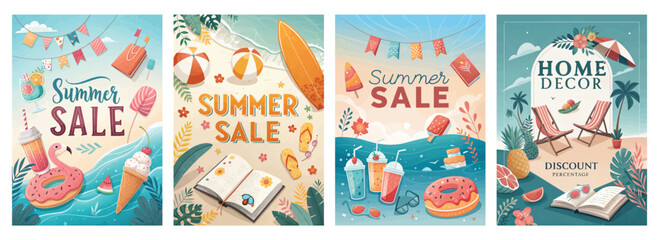 Vibrant summer sale banners showcasing fun beach items and discounts in a colorful, playful style.