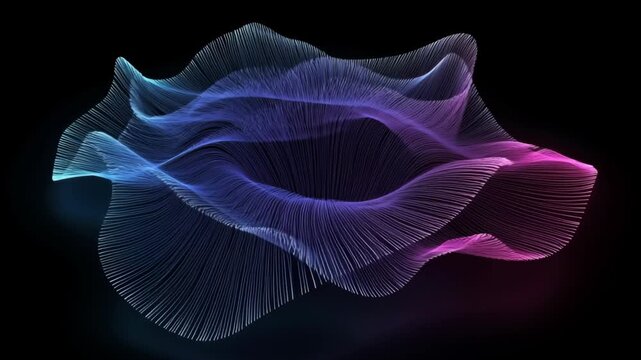 Flowing data visualization with blue, purple, and pink lines on a black background