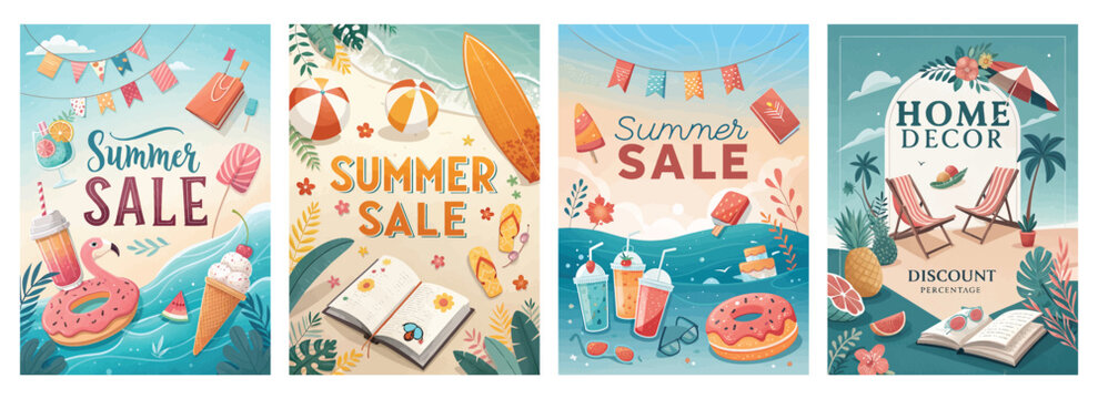 Vibrant summer sale banners showcasing fun beach items and discounts in a colorful, playful style.