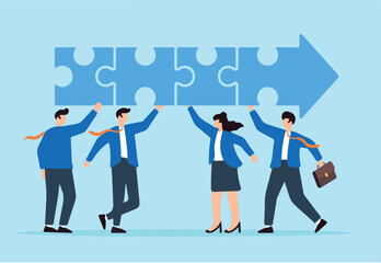 Flat illustration of business people connect arrow piece jigsaw puzzle teamwork for career growth