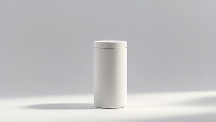 A white cylindrical container or package with a lid on a plain gray background.