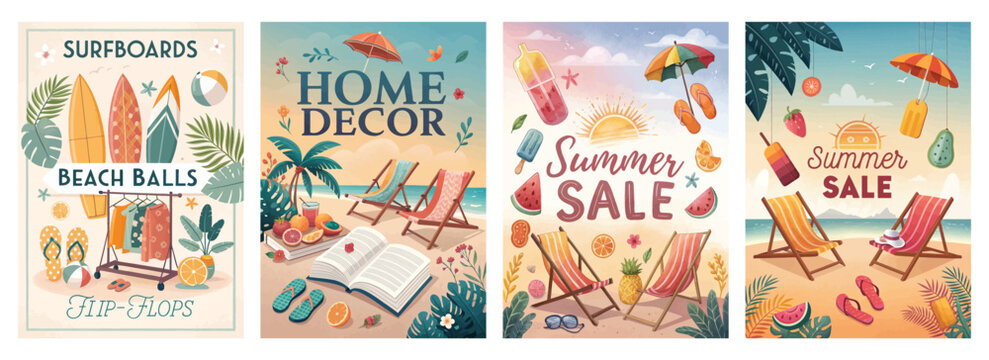 Colorful summer-themed illustrations featuring beach items, decor, and sale promotions.