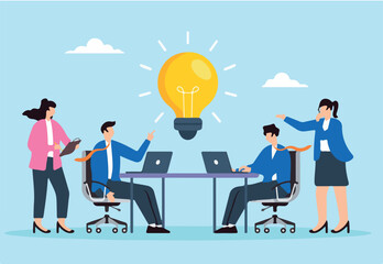 Flat illustration of businessmen and businesswomen brainstorm new lightbulb idea during team meeting
