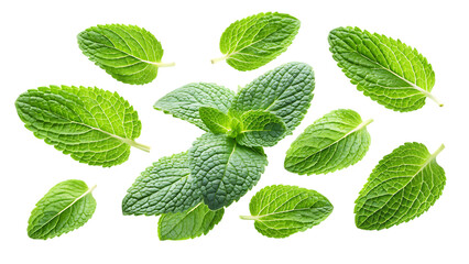 flying mint leaves isolated - on a white background PNG. GENERATIVE AI