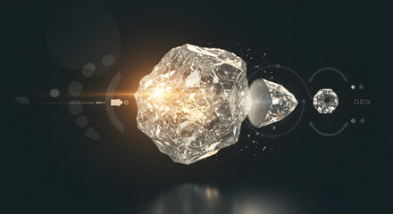 Crystalline Diamond Transformation From Rough to Polished on Transparent Background