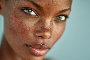 Obraz premium Primo piano di una donna con lentiggini e sguardo intenso, pelle scura, bellezza naturale e autentica.