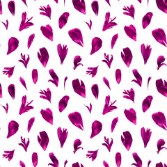 Elegant seamless pattern featuring individual red peony petals arranged on a white background. Ideal for romantic designs, fabric prints, packaging, wrapping paper and creative floral projects.