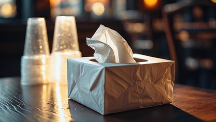A tissue box on a table with disposable cups in the background, setting a cozy or casual dining or cafe scene.