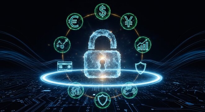 Digital padlock with currency and financial symbols. Cybersecurity concept for business data and secure transactions. - Powered by Adobe