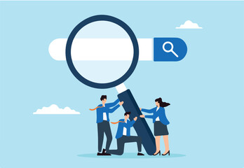 Flat illustration of HR business people hold magnifying glass on search bar discovering job opportunities