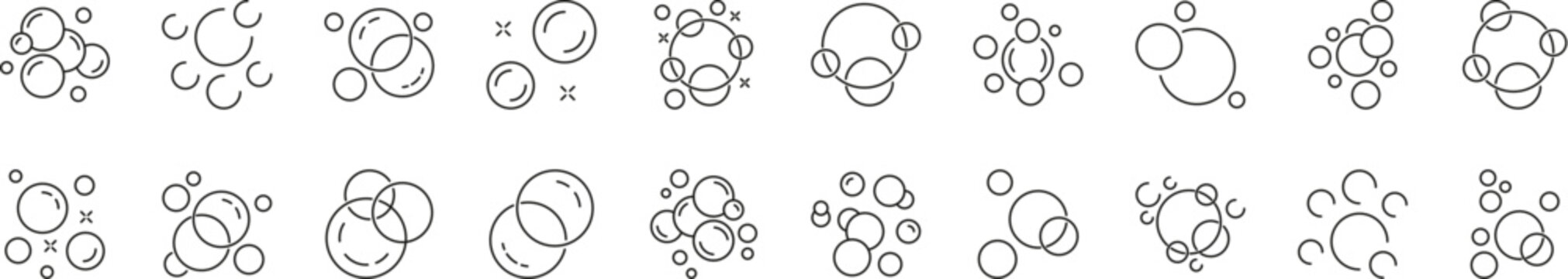 Soap Bubbles Line Icon Set. Contains Icons of Foam for Graphics, Concept, Apps