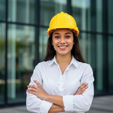 portrait of a confident female architect, Confident woman in white shirt, yellow safety helmet stands in front of modern office building. Faces camera with crossed arms, friendly smile. Construction w