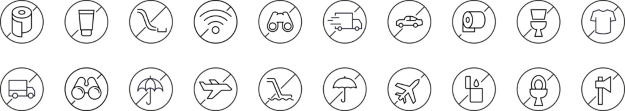Pack of Prohibition Related Line Icons. Forbidden Items Outline Signs for Graphic and Web Design, Apps, Adverts, Various Cards