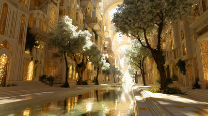 The holy city of New Jerusalem, the bible's heavenly paradise and divine kingdom of God, epic golden architecture, concept art of eternal life, salvation, worship and peace.