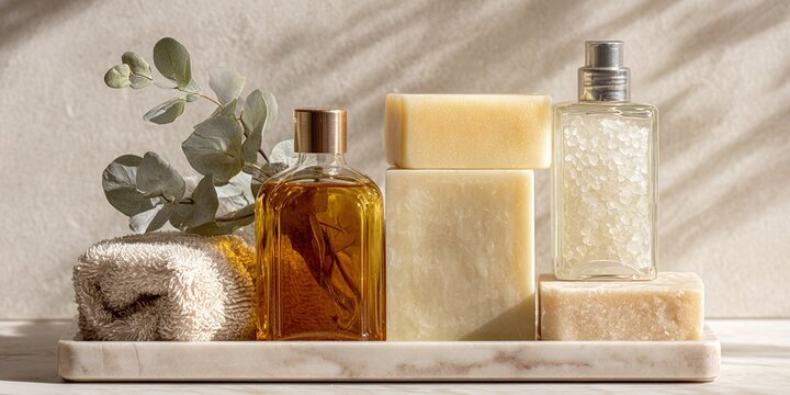 Prodotti per la cura del corpo naturali: sapone, olio e sali da bagno con fogliame