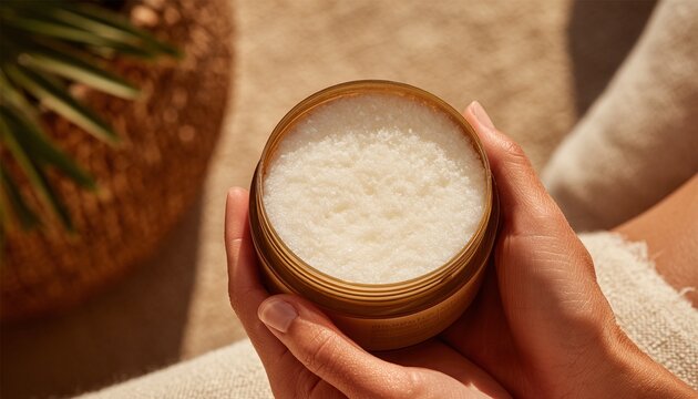 Mani femminili tengono un barattolo di esfoliante per il corpo in un ambiente soleggiato con texture naturali.