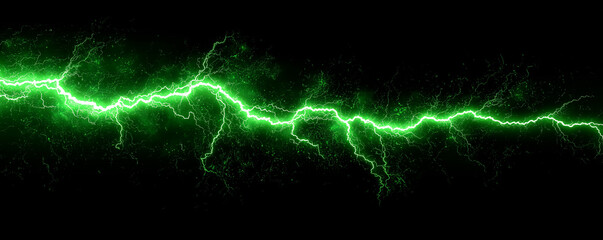 Green flashing, Intense green lightning strike across dark powerful electrical discharge background