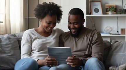 a diverse couple in their early 30s sitting together on a modern couch, looking at fertility test results on tablet, warm natural lighting, comfortable home setting