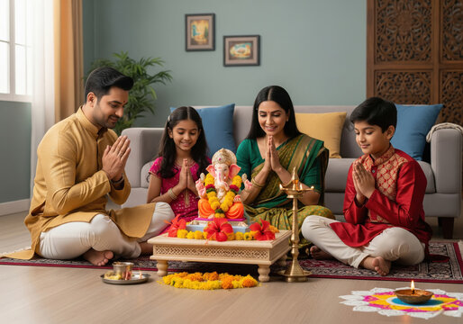happy indian family celebrating ganesh chaturthi festival together at home