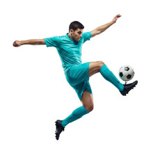 Young caucasian male soccer player in mid-air kick with ball isolated on transparent background