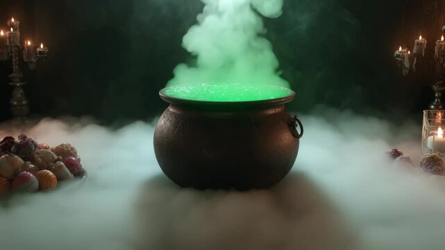 Spooky Halloween cauldron with bubbling green magic potion and mysterious smoke - Powered by Adobe