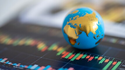 Global Finance: Miniature Earth on Stock Market Chart, Blue and Gold, Conceptual Business Image, Globe and map