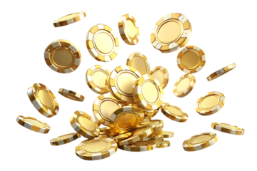 Golden casino chips falling isolated on - white background png ai generated