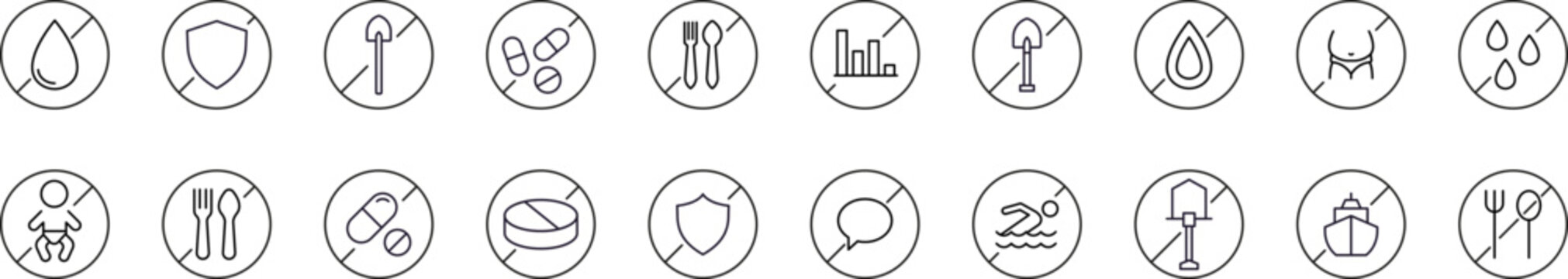 Forbidden Items Related Line Icons for Web Sites, Books, Cards, Apps. Editable Stroke. Perfect for Web Sites, Books, Cards, Apps