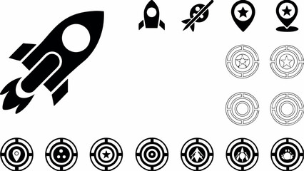 Illustration showing a rocket ship, spaceship, location icons, and circular target symbols in black