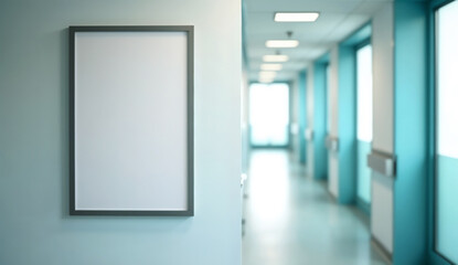 Blank white poster mockup on hospital corridor wall.