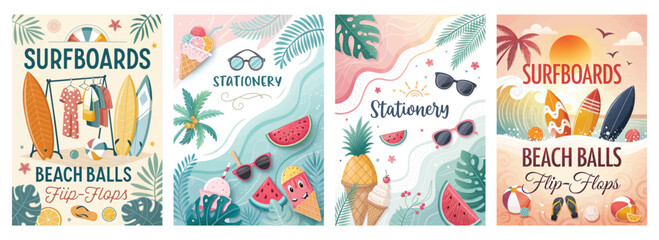 Colorful summer-themed illustrations featuring surfboards, beach balls, and stationery items in vibrant colors.