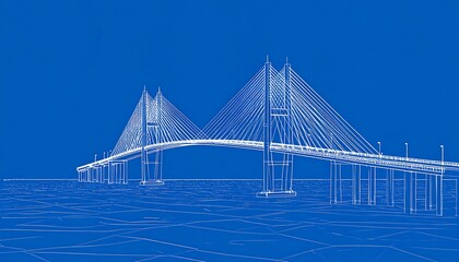 Cablestayed bridge blueprint with ocean.