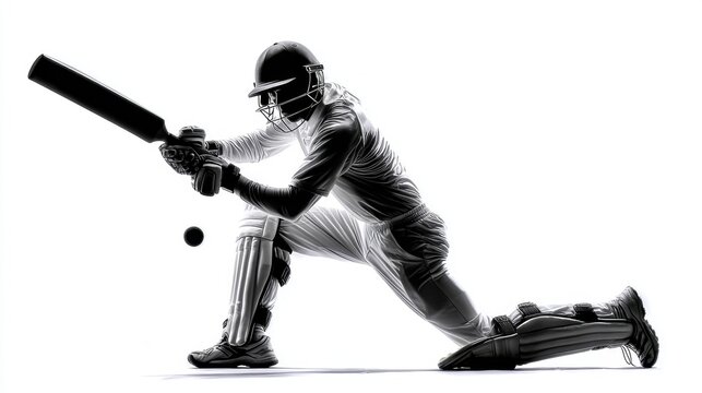 Silhouette of a batsman playing a classic cricket shot on white background, representing the elegance found within sports.