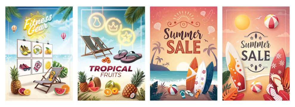 Colorful summer-themed illustrations featuring fitness gear, tropical fruits, and vibrant sales promotions.