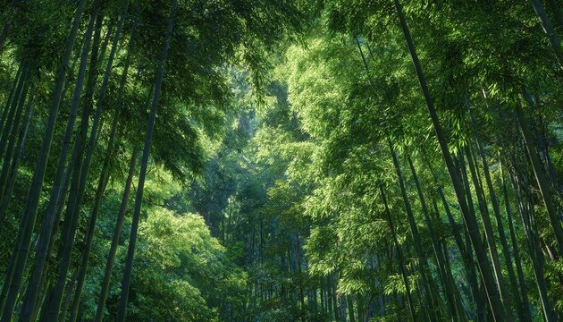 Foresta di bamb&ugrave; verde lussureggiante con luce solare che filtra tra gli alberi