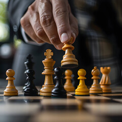 A close-up of a hand making a strategic move on a chessboard. The wooden chess pieces and blurred background create a focused, competitive, and intelligent atmosphere. It captures the moment of decisi