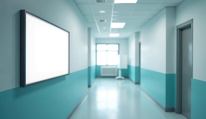 Blank white poster mockup on hospital corridor wall.
