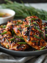Plate of delicious glazed chicken pieces, garnished with sesame seeds and fresh green onions