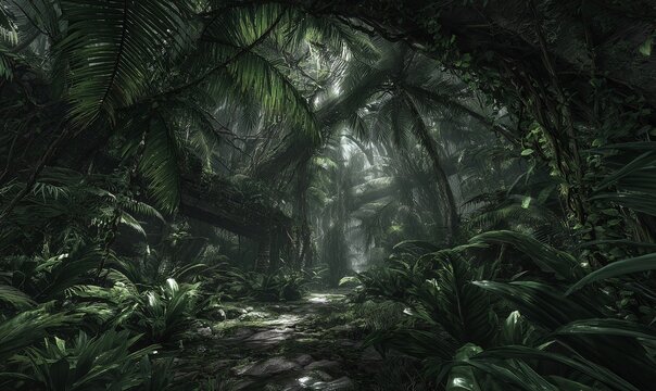 Sentiero tortuoso in una lussureggiante foresta pluviale tropicale con vegetazione densa e luce filtrata.