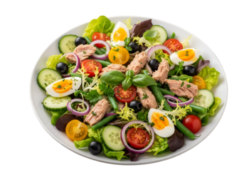 Tuna and egg salad with fresh vegetables isolated on transparent background