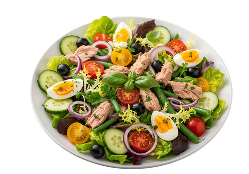 Tuna and egg salad with fresh vegetables isolated on transparent background