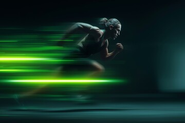 Fototapeta premium A powerful, athletic figure is captured in a dynamic running pose, with streaks of green light illustrating incredible speed and motion.