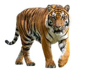 Obraz premium Majestic Bengal Tiger in Mid-Step, Front-Facing Gaze, Transparent Background