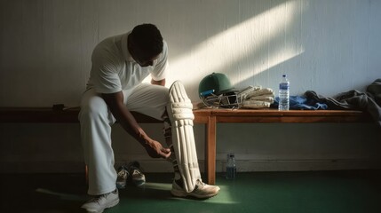Cricketer getting ready for match in dimly lit locker room, surrounded by sports gear and personal items, reflecting the theme of preparation and concentration before a game.