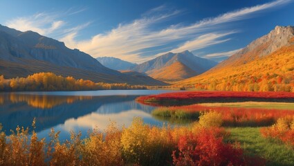 Obraz premium Scenic landscape of mountains, lake, and colorful autumn foliage under a blue sky.