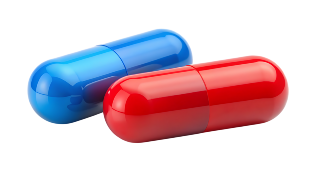 Two Red and Blue Capsule Shaped Pills Isolated on White Background as Transparent. PNG. AI GENERATED