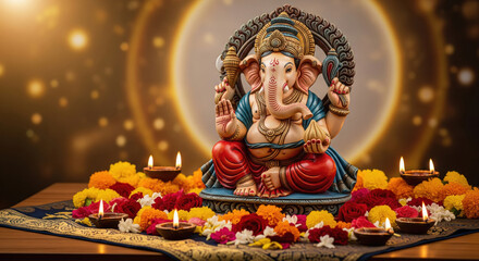 Fototapeta premium beautiful statue of lord ganesha with colorful flowers and oil lamps